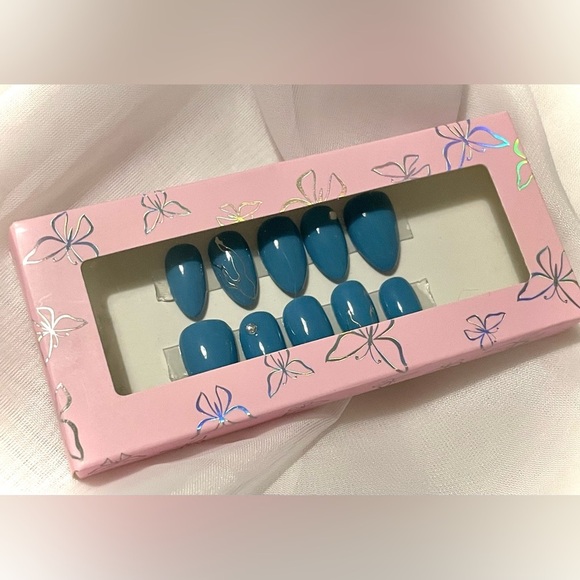 Blue Fire Almond Nail Tips | Hand painted nails | Custom press on nails - Picture 1 of 4